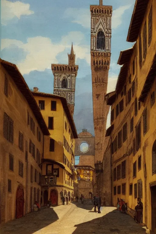 Image similar to florence old street in 1 6 th century with a tower in background by hiroshi yoshida, trending on artstation