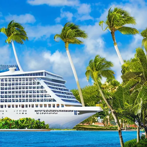 Image similar to Vaporwave cruise ship docking at Caribbean resort