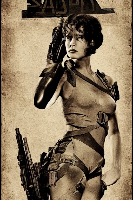 Prompt: lady jaye from g. i. joe, portrait, full body, symmetrical features, silver iodide, 1 8 8 0 photograph, sepia tone, aged paper, sergio leone, master prime lenses, cinematic