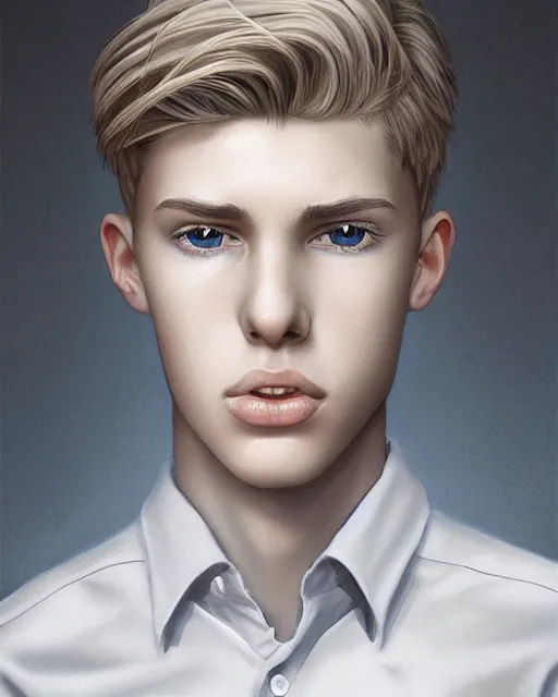 Image similar to portrait of 1 5 - year - old boy, a tall, slender boy with a pale, pointed face, sleek blond hair, and ice grey eyes, wearing in shirt, hyper realistic face, beautiful eyes, character art, art by mark brooks, hyperdetailed, cryengine, trending on artstation, digital art