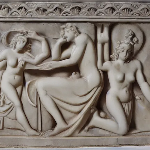 Prompt: base relief of mythological scene, marble