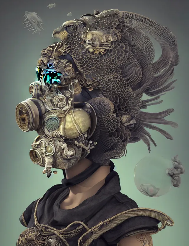 Image similar to 3 d goddess close - up profile portrait with vintage gas mask ram skull. beautiful intricately detailed japanese crow kitsune mask and clasical japanese kimono. betta fish, jellyfish phoenix, bio luminescent, plasma, ice, water, wind, creature, artwork by tooth wu and wlop and beeple and greg rutkowski