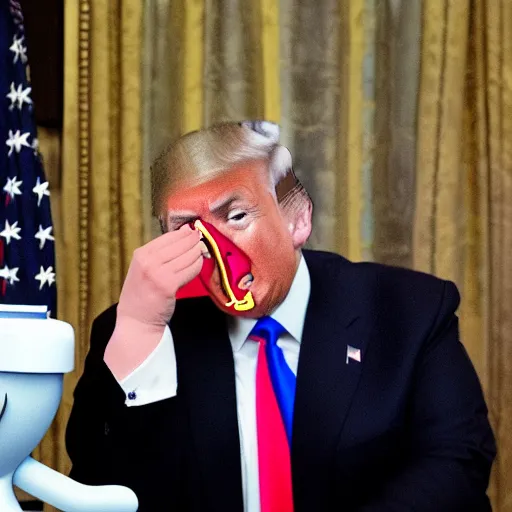 Prompt: donald trump smelling his own farts from an emoji poo jar, realistic, award winning, photography,