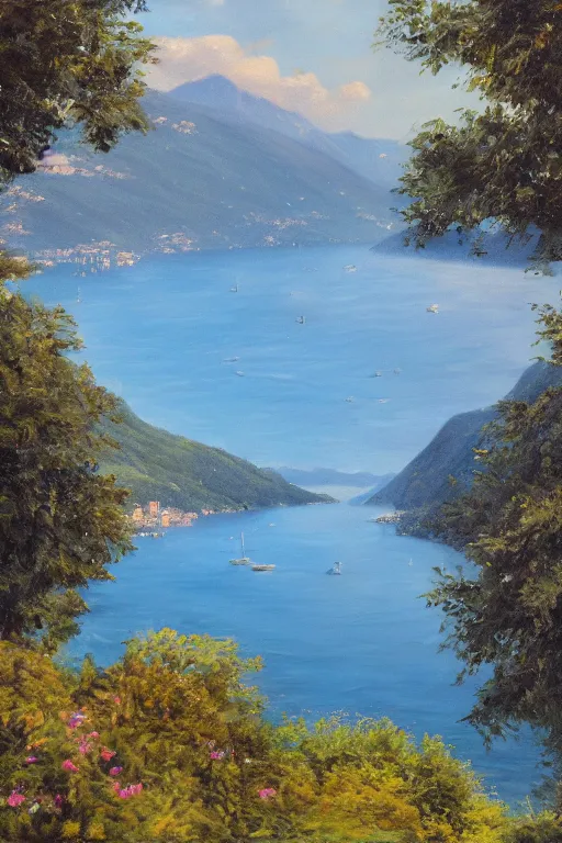 Prompt: Highly detailed oil painting of Lake Como, photorealistic, wide shot, daylight, blue sky, summer, dramatic lighting, award winning, highly detailed, medium format photography, cinestill 800t.