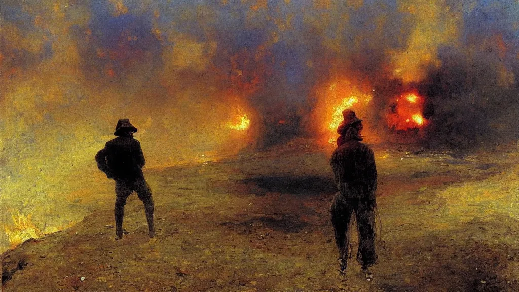 Image similar to high quality high detail painting by ilya repin, man standing in front of huge explosion, hd