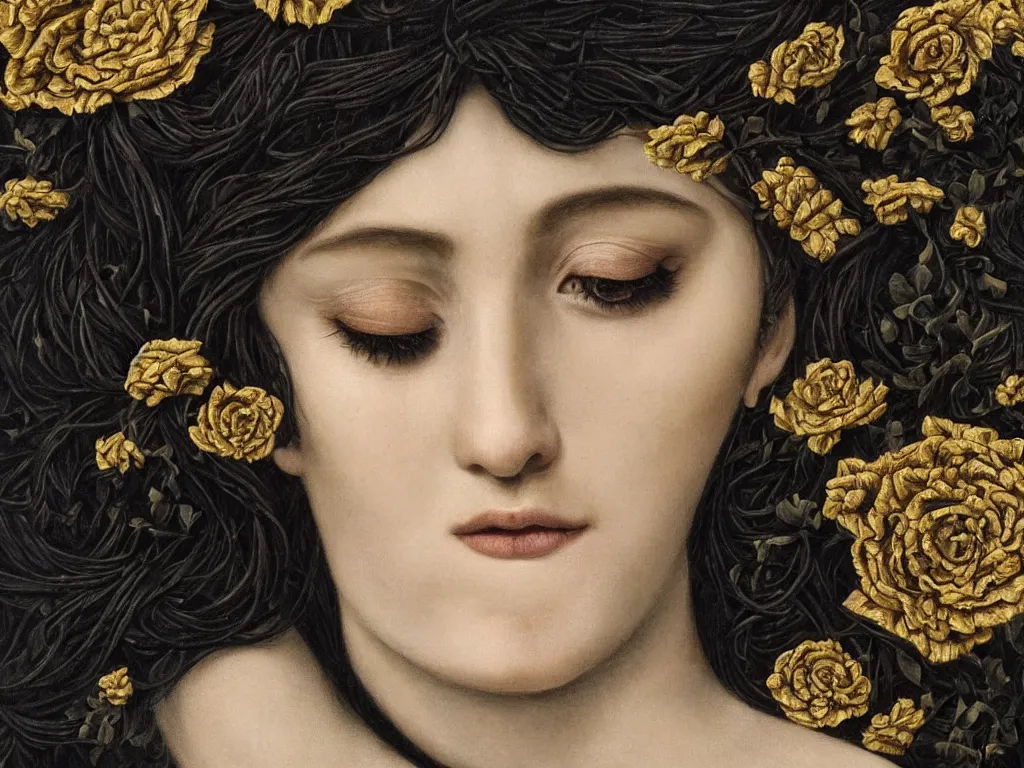 Prompt: hyperrealism close - up mythological portrait of a beautiful medieval women partially made of black flowers in style of classicism using the fibonacci golden ratio, pale skin, ivory make up on the eyes, wearing black silk robes, dark and dull palette