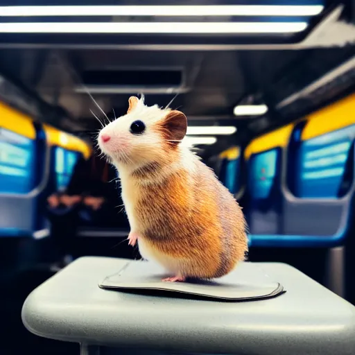 Image similar to photo of a metro train interior, a tiny hamster is sitting on a seat, various poses, unedited, soft light, sharp focus, 8 k