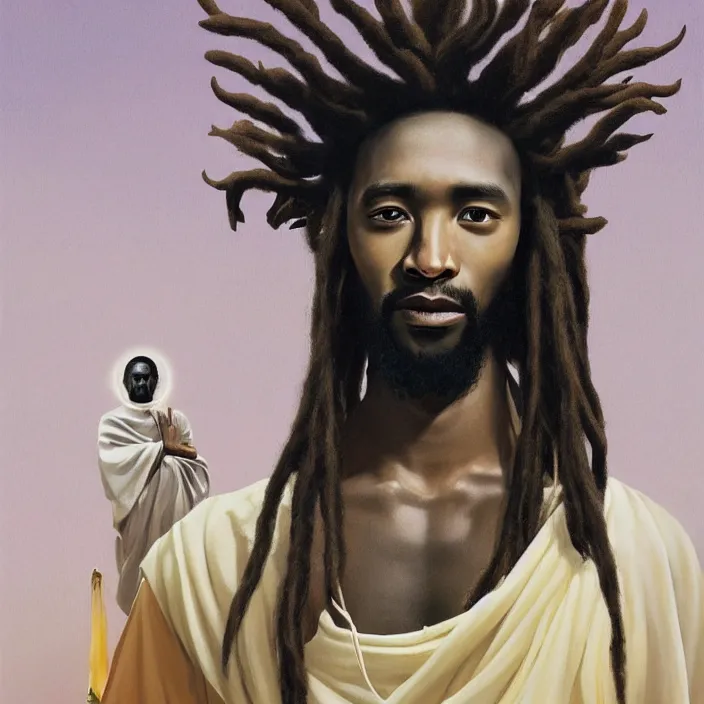 Prompt: UFO next to an African Jesus with dreadlocks, portrait painting by Hsiao-Ron Cheng,