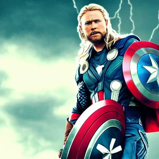 Image similar to Thor use his hammer and smash captain America shield , cinematic, dramatic, FX , hyper real