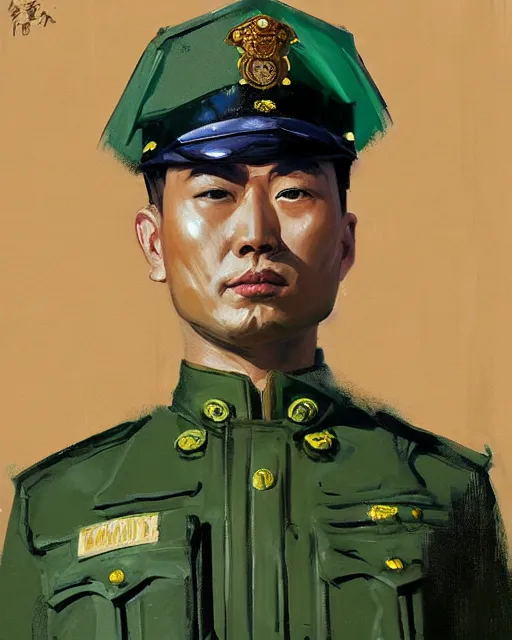 Prompt: greg manchess portrait painting of asian police green uniform, sitting on moped motorbike, medium shot, asymmetrical, profile picture, organic painting, sunny day, matte painting, bold shapes, hard edges, street art, trending on artstation, by huang guangjian and ail elvgren and sachin teng
