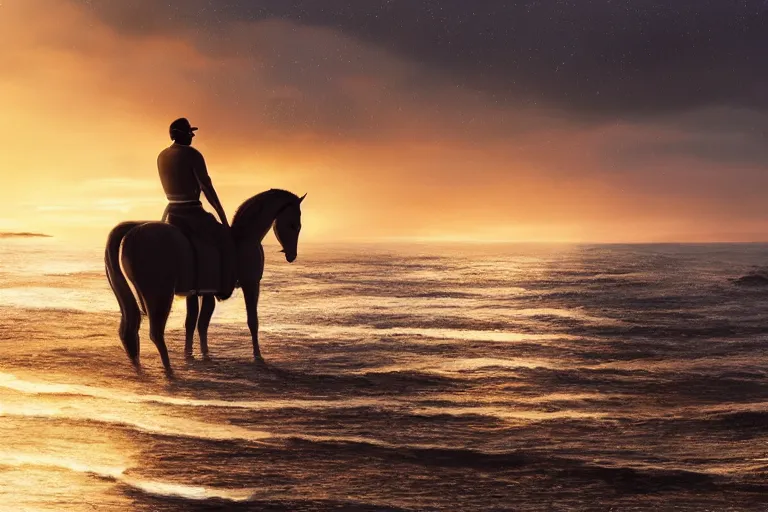 Image similar to photo of man riding a horse along the beach, glowing underwater waves toward a lighthouse in the distance guiding his way, silhouette, wide horizon, large white clouds, night, intricate, elegant, highly detailed, digital painting, artstation, concept art, smooth, sharp focus, illustration, art by artgerm and greg rutkowski and fra angelico