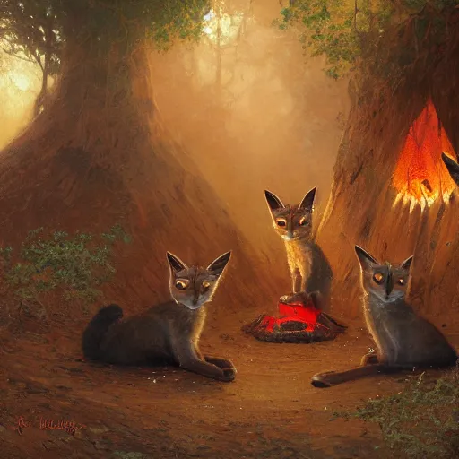 Image similar to three cute caracals wearing red bows and ties, campfire, guitar, night, atmospheric lighting, intricate, volumetric lighting, digital art, highly detailed by gaston bussiere, craig mullins, j. c. leyendecker 8 k