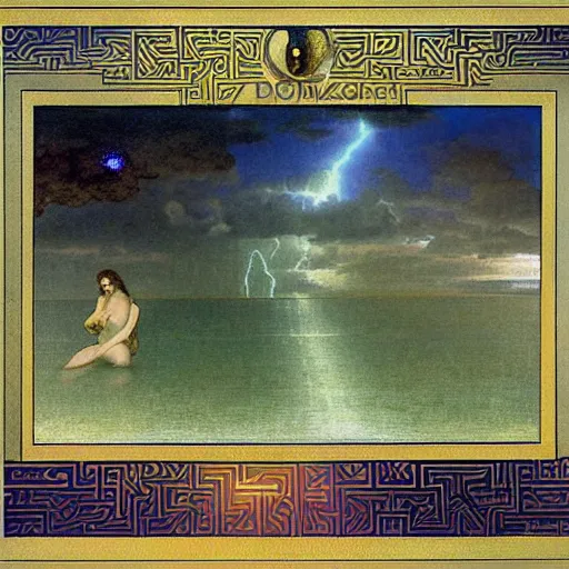 Prompt: The maze, refracted sparkles, thunderstorm, greek pool, beach and Tropical vegetation on the background major arcana sky, by paul delaroche, alphonse mucha and arnold böcklin, hyperrealistic symmetrical 8k, award-winning, very very very detailed