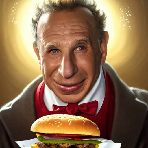 Prompt: portrait of Mel Brooks eating hamburgers, extra onions and ketchup, luscious patty with sesame seeds, ethereal, holy sacred light rays, handsome, D&D, fantasy, intricate, elegant, highly detailed, digital painting, artstation, concept art, matte, sharp focus, illustration, art by Artgerm and Greg Rutkowski and Alphonse Mucha