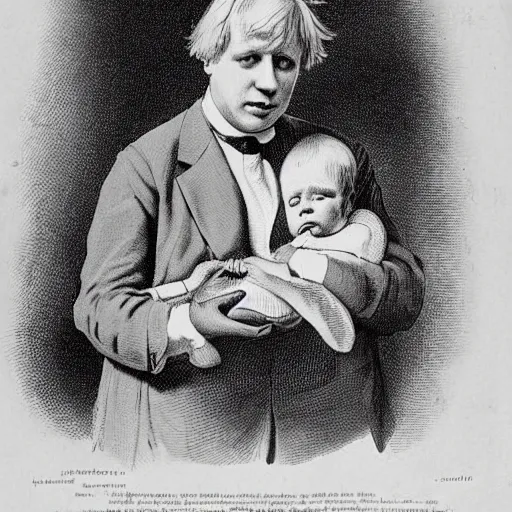 Prompt: victorian medical illustration of boris johnson as a baby in a pram