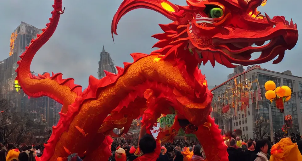 Prompt: glowing dragon puppets at chinese new year parade, beautiful, soft lighting, artstation, storybook