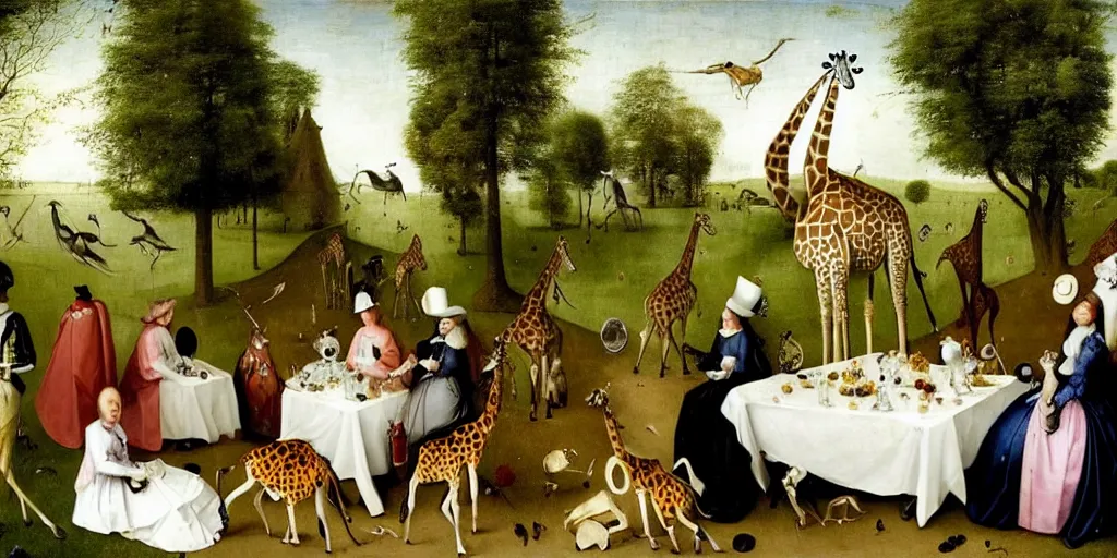 Prompt: elegant victorian tea party with giraffes in an english summer garden patio, hyper realistic hieronymus bosch - h 7 6 8