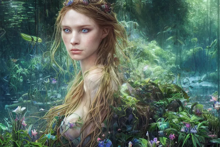 Image similar to an epic portrait of a swamp dwelling acquatic princess, deep blue eyes, flowing water hair, artstation, lush jungle plants, a sea of flowers, beautiful lighting, godrays, by Charlie Bowater and Gabrielle Ragusi and greg rutkowski and nixeu, highly detailed, few ultramarine highlights, oil on canvas