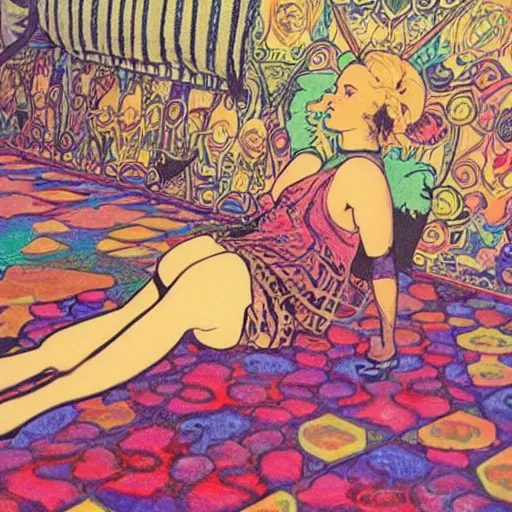 Image similar to rocker goth teen girl laying on the floor, writing on journal. 1970s colorful psychedelic bedroom. Trippy. Moscoso. Mucha.