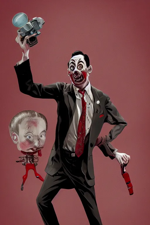 Prompt: pee wee herman in sleepy hollow, full body, big two toned eyes, teeth gritted, horror, intricate details, cinematic, epic, realistic, anatomy, tomer hanuka, uplight, artstation, photorealistic, scary