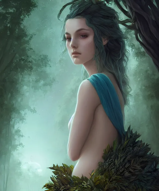 Prompt: gaia by charlie bowater and titian and artgerm, full - body portrait, wearing toga made of leaves, intricate, face, forest, elegant, teal mist, beautiful, highly detailed, dramatic lighting, sharp focus, trending on artstation, artstationhd, artstationhq, unreal engine, 4 k, 8 k