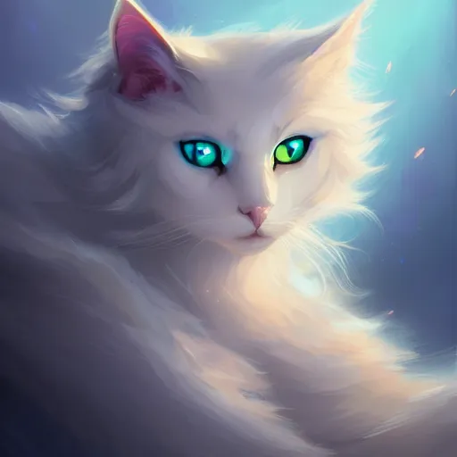 Image similar to a portrait of a beautiful white fluffy cat with yellow eyes, art by lois van baarle and loish and ross tran and rossdraws and sam yang and samdoesarts and artgerm, digital art, highly detailed, intricate, sharp focus, Trending on Artstation HQ, deviantart, unreal engine 5, 4K UHD image