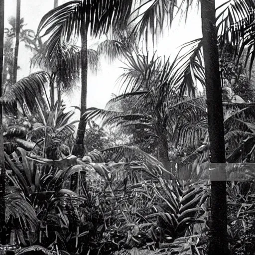 Prompt: a rizom lost film footage of a - - - - 3 d shape - - - - - in the middle of the tropical jungle / tropicalism / tropicalism / tropicalism / film still / cinematic / enhanced / 1 9 2 0 s / black and white / grain