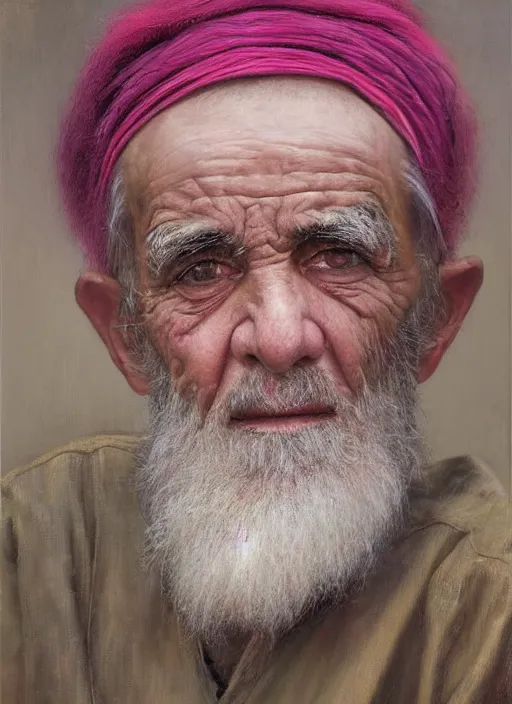 Image similar to a portrait of old man with a pink mohawk by iman maleki, punk rock, oil painting, muted colours, soft lighting