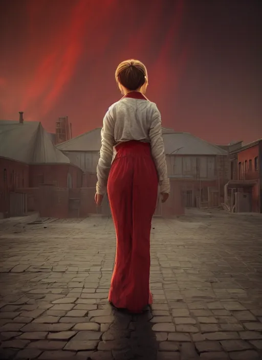 Image similar to a beautiful Cotton Mill Girl, symmetrical, centered, dramatic angle, ornate, details, smooth, sharp focus, illustration, realistic, cinematic, artstation, award winning, rgb , unreal engine, octane render, cinematic light, macro, depth of field, blur, red light and clouds from the back, highly detailed epic cinematic concept art CG render made in Maya, Blender and Photoshop, octane render, excellent composition, dynamic dramatic cinematic lighting, aesthetic, very inspirational, arthouse by Henri Cartier Bresson