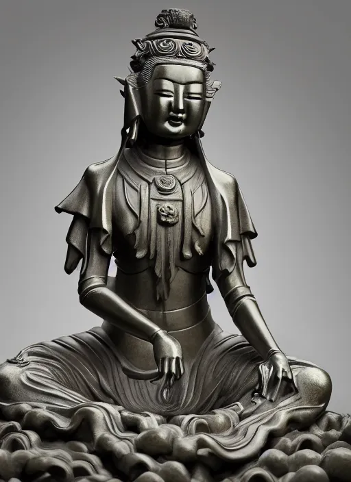 Image similar to a art deco sculpture statue of full body guanyin, intricate complexity,, statue by jane hamilton, ruan jia, character concept, radiant light,, frostbite 3 engine, cryengine, dof, trending on artstation, digital art, fantasy detailed abackground