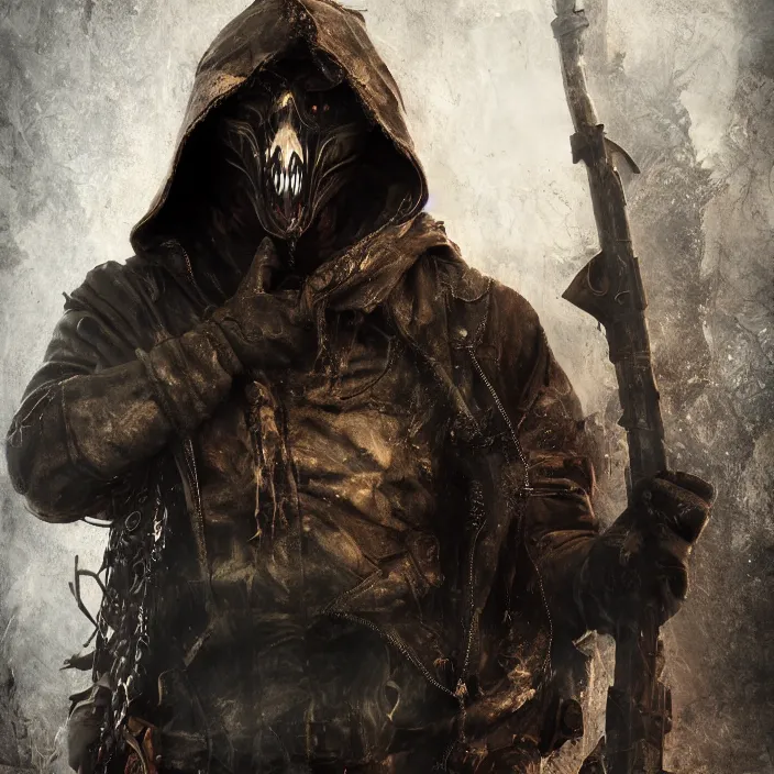 Prompt: gritty apocalyptic hooded man smiling with burning heart in chest, octane render, 4 k ultra hd, hyper - detailed, seedy lighting, sharp focus, fantasy dark art