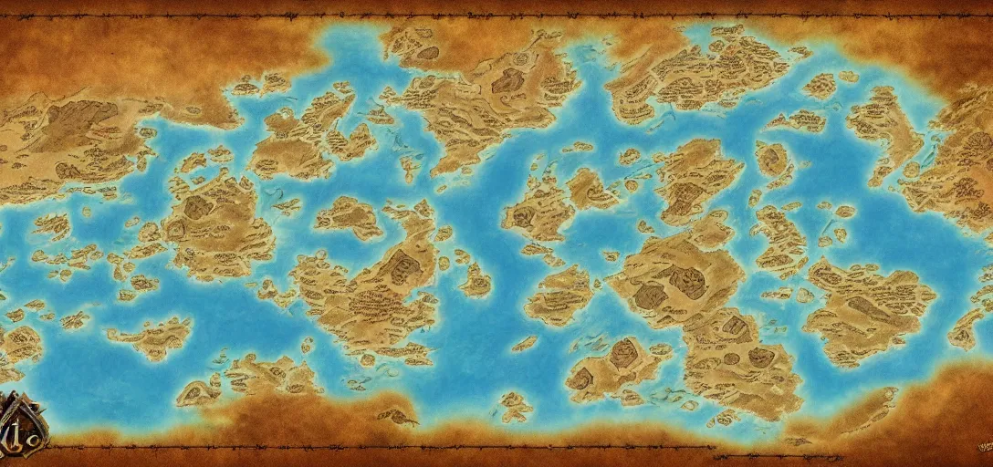 Image similar to fantasy world atlas in the style of a world of warcraft world map, 7 0 % ocean, extremely detailed, fantasy, no text, 4 k