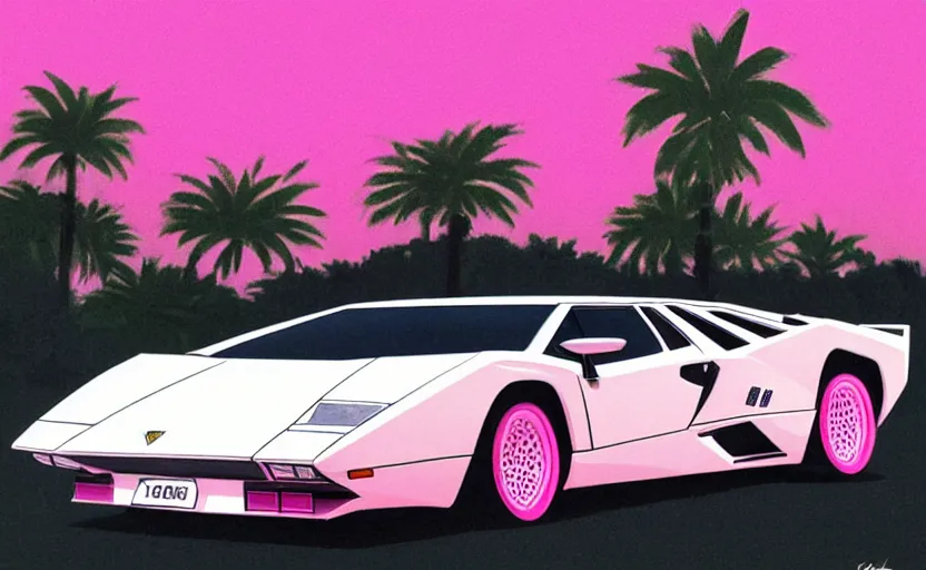 Prompt: a white lamborghini countach with open doors. palm trees and pink sky in the background. art by krzysztof tanajewski