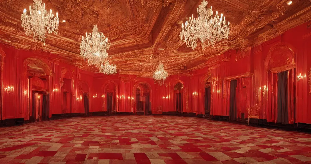 Prompt: Palace ballroom, perfect interior design, red colors, Traditional-interior-lighting, park-view, perfect-design, style of Louis Kahn, 4k, wide-perspective, grand-composition, concept-art, highly-detailed, sublime, dramatic, cinematic, octane
