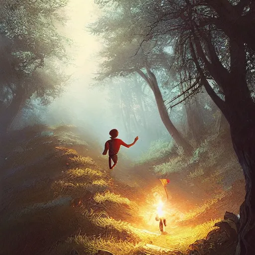 Image similar to a beautiful painting of a boy running up a hill toward a campsite being chased by bandits by Greg Rutkowski and Michael Whelan, fantasy setting,  amazing lighting, lush woodland.