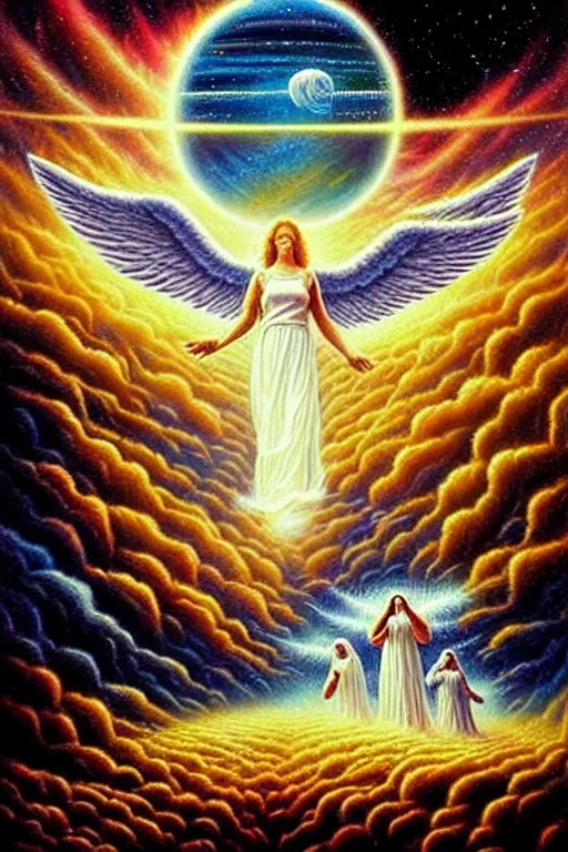Prompt: a photorealistic detailed cinematic image of angels guiding a departed soul to the afterlife. met by friends and family, overjoyed, emotional. planet earth far behind, by pinterest, david a. hardy, kinkade, lisa frank, wpa, public works mural, socialist