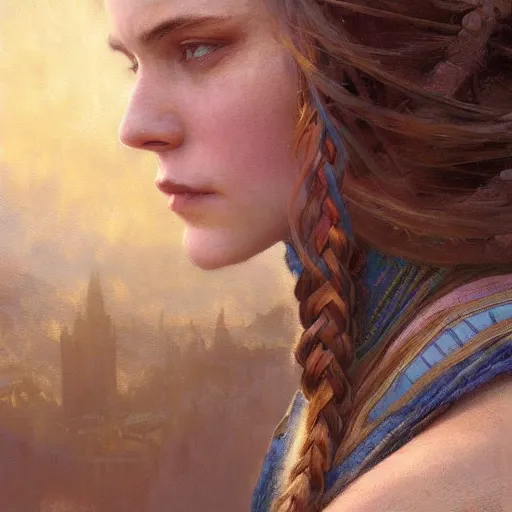 Prompt: closeup portrait of an mage, cloth, blue hour, dungeons and dragons character, dramatic lighting, female warrior, brown hair, celtic braid, castle background, gorgeous view, realistic, high detail, digital art, painted by greg rutkowski, painted by jeremy mann, painted by alphonse mucha, trending on artstation