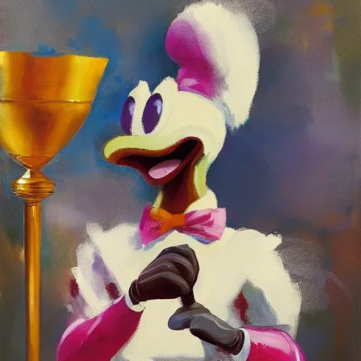 Image similar to queer Donald Duck with a chalice, soft focus, Adrian Ghenie painting