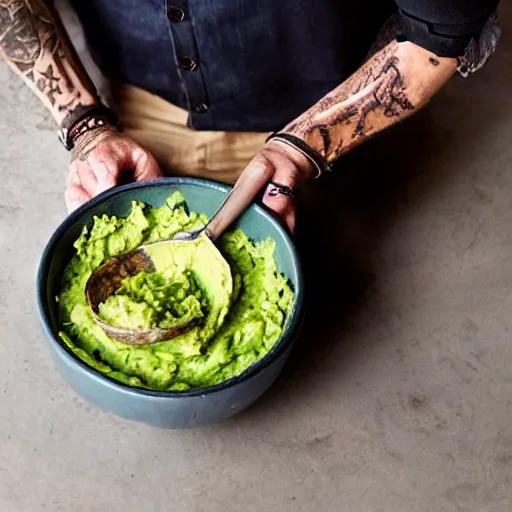 Prompt: johnny depp is inside a bowl of guacamole