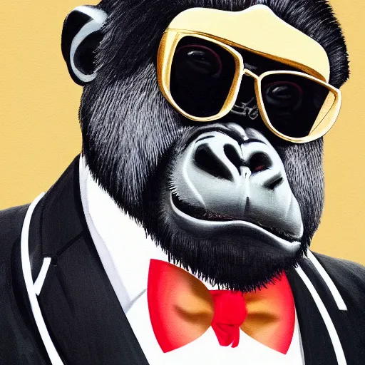 Image similar to a ukiyo style painting of a gorilla wearing a gold chain and wearing shades and wearing a nice black tuxedo wearing a red bow tie, highly detailed, 8 k, concept art,