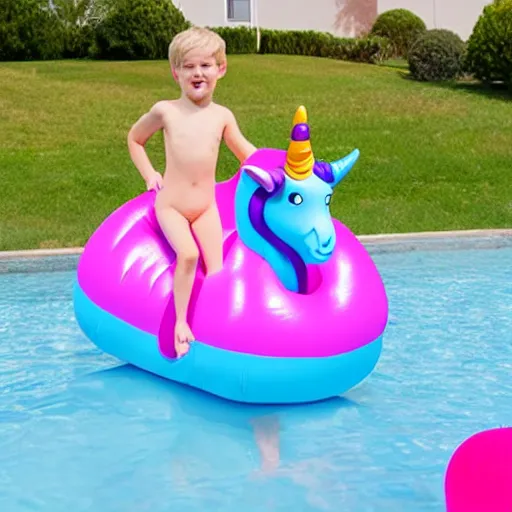 Image similar to success boy riding a unicorn pool float