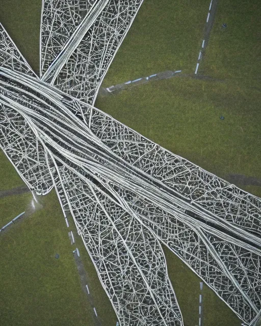 Prompt: orbital motorway, made of intricate decorative lace leaf skeleton, shot from a drone, in the style of the dutch masters and gregory crewdson, dark and moody