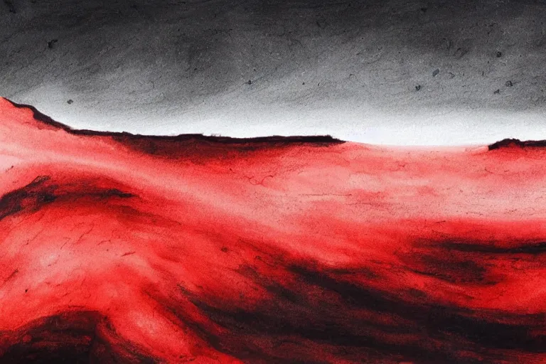 Image similar to ancient martian landscape, minimalistic red and ink airbrush painting on white background