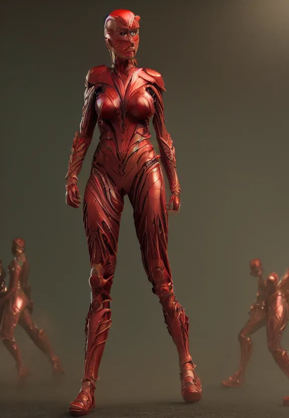 Image similar to vfx, octane render, zbrush, beautiful anatomically correct woman, wearing spandex armour with flowing red hair and green eyes, super hero full body, walking towards the camera, volumetric lightning, highly detailed, UE5 render, art station, center of picture.