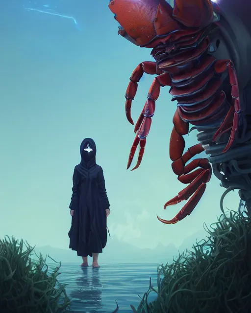 Image similar to highly detailed surreal vfx portrait of a lobsterpunk grim reaper, stephen bliss, unreal engine, greg rutkowski, loish, rhads, beeple, makoto shinkai and lois van baarle, ilya kuvshinov, rossdraws, tom bagshaw, alphonse mucha, global illumination, detailed and intricate environment