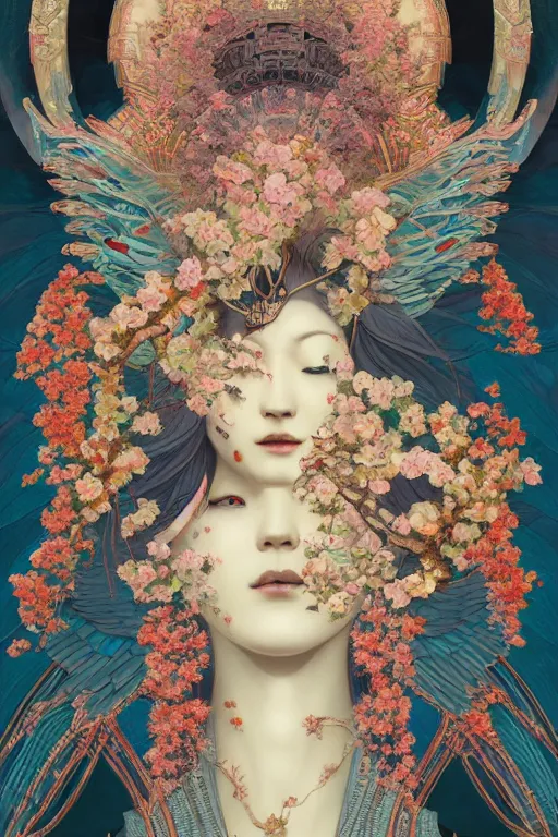 Image similar to portrait breathtaking detailed concept art painting art deco pattern of birds goddesses amalmation flowers head thibetan temple, by hsiao ron cheng, tetsuya ichida, bizarre compositions, tsutomu nihei, exquisite detail, extremely moody lighting, 8 k, art nouveau, old chines painting, art nouveau