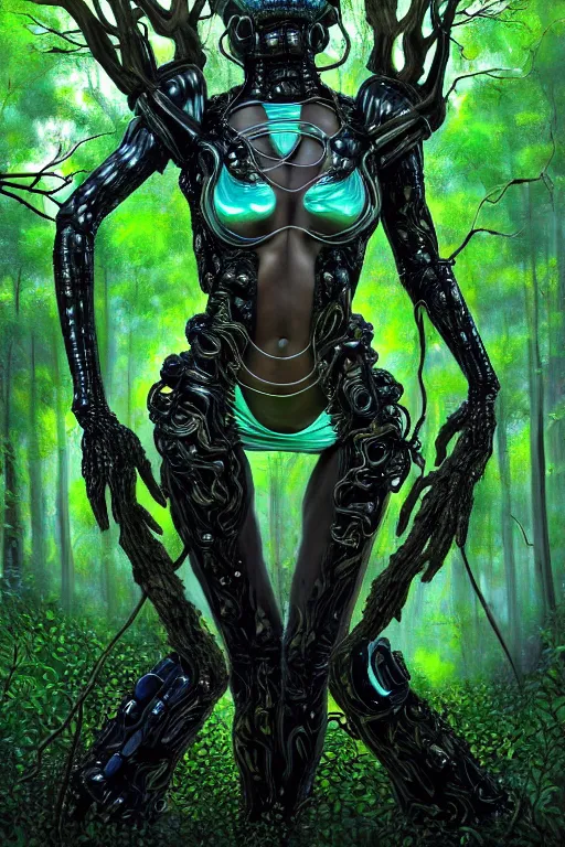 Prompt: hyperrealistic neo - baroque super expressive! black woman with exoskeleton armor, merging with tree in a forest, highly detailed digital art masterpiece smooth cam de leon eric zener dramatic pearlescent blue green light ground angle hd 8 k sharp focus