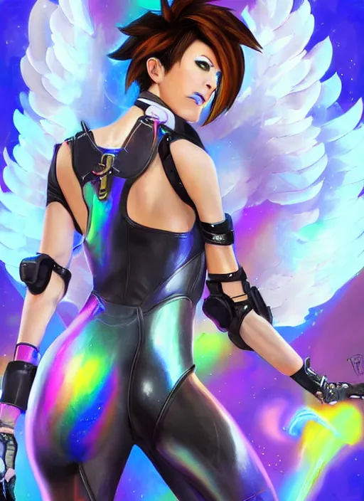 Image similar to portrait digital artwork of tracer overwatch, wearing iridescent rainbow latex and leather straps catsuit outfit, in style of mark arian, angel wings, dramatic painting, wearing detailed leather collar, chains, black leather harness, detailed face and eyes,