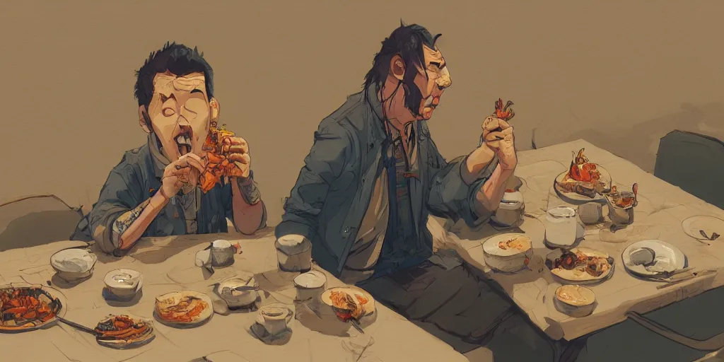 Image similar to cartoonish neil young eating dinner, vivid colors, character sheet, fine details, concept design, contrast, kim jung gi, greg rutkowski, trending on artstation, 8 k, full body, turnaround, front view, back view, ultra wide angle