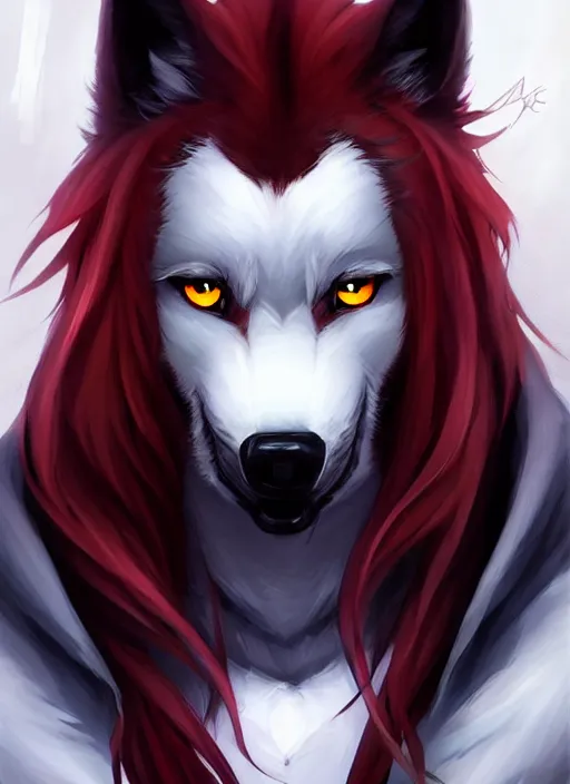 Image similar to character concept art of a black anthropomorphic furry male wolf long red hair | | cute - fine - face, pretty face, key visual, realistic shaded perfect face, fine details by stanley artgerm lau, wlop, rossdraws, james jean, andrei riabovitchev, marc simonetti, and sakimichan, trending on artstation